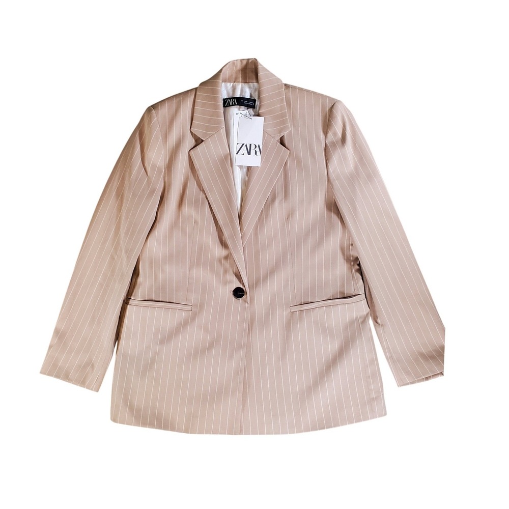 ZARA Womens Pinstripe Blazer Beige Tan Single Button Jacket Size Large NWT